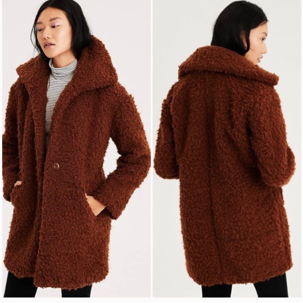 NEW American Eagle brown faux Sherpa Cocoon teddy mid length jacket coat S